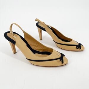 Chanel Vintage Beige Black Leather CC Grosgrain Bow Slingback Heels EU 38C